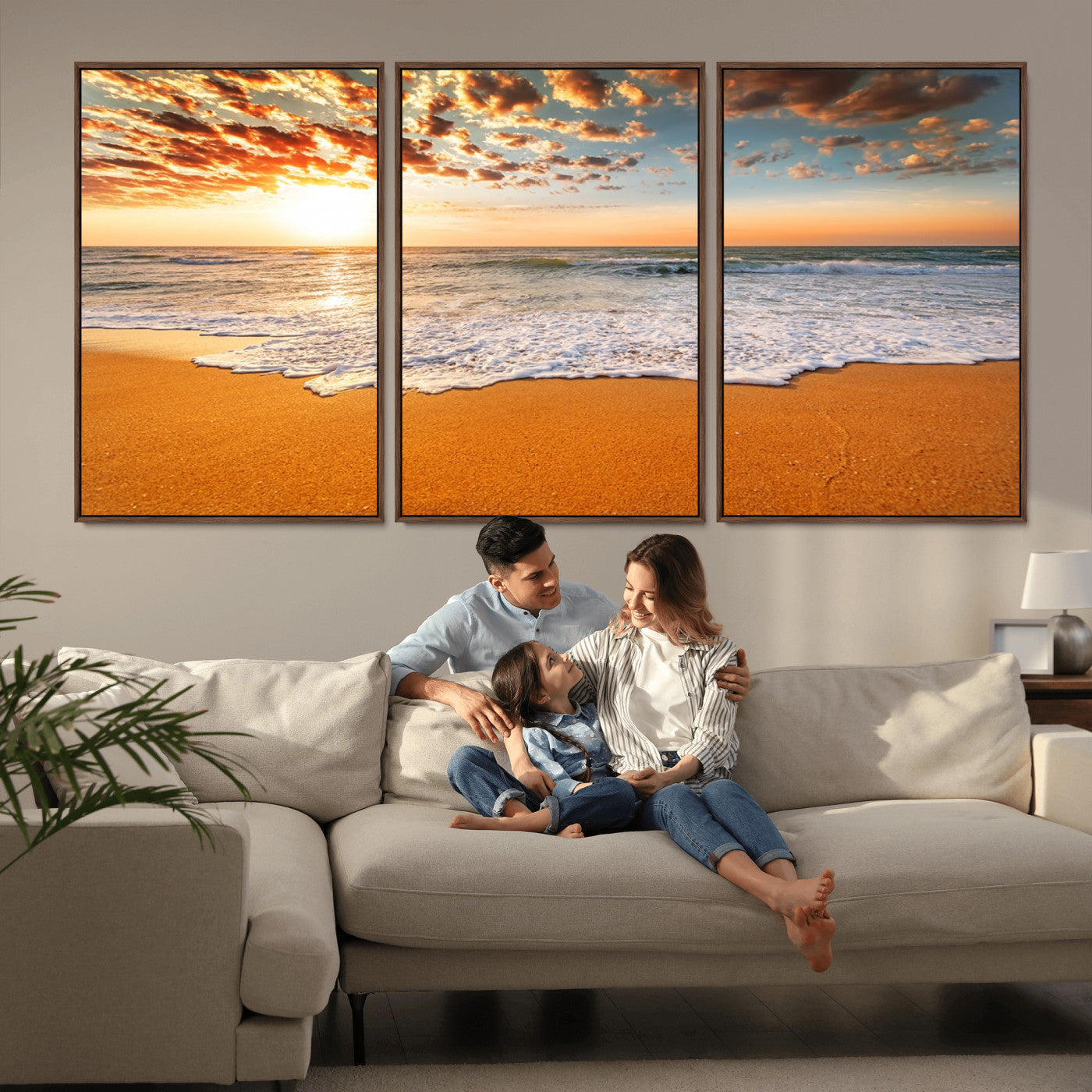 15399-MGV-FC-60X30-3P_Walnut-Golden Sunrise Beach Wall Art – Ocean Waves on Sandy Shore Canvas Print, Coastal Seascape Decor for Living Room or Bedroom
