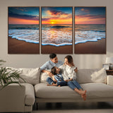 16110-MGV-FC-60X30-3P_Walnut-Ocean Sunset Wall Art – Vibrant Beach Waves and Horizon Canvas Print, Relaxing Coastal Seascape Decor for Living Room or Bedroom