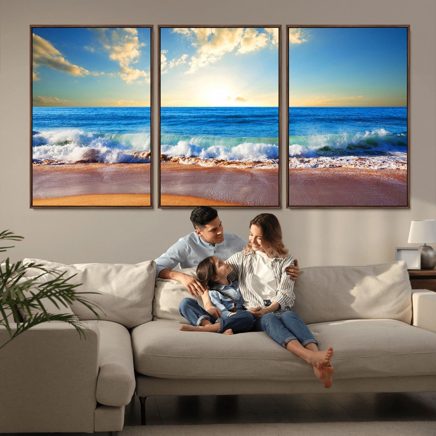 50522-MGV-FC-60X30-3P_Walnut-Ocean Sunrise Wall Art – Peaceful Beach Waves and Golden Horizon Canvas Print, Coastal Seascape Decor for Home or Office