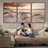 61246-MGV-FC-60X30-3P_Walnut-Coastal Sand Dunes Wall Art – Serene Beach Sunset Canvas Print with Grasses and Ocean View, Tranquil Seaside Decor for Living Room