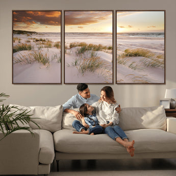 61246-MGV-FC-60X30-3P_Walnut-Coastal Sand Dunes Wall Art – Serene Beach Sunset Canvas Print with Grasses and Ocean View, Tranquil Seaside Decor for Living Room