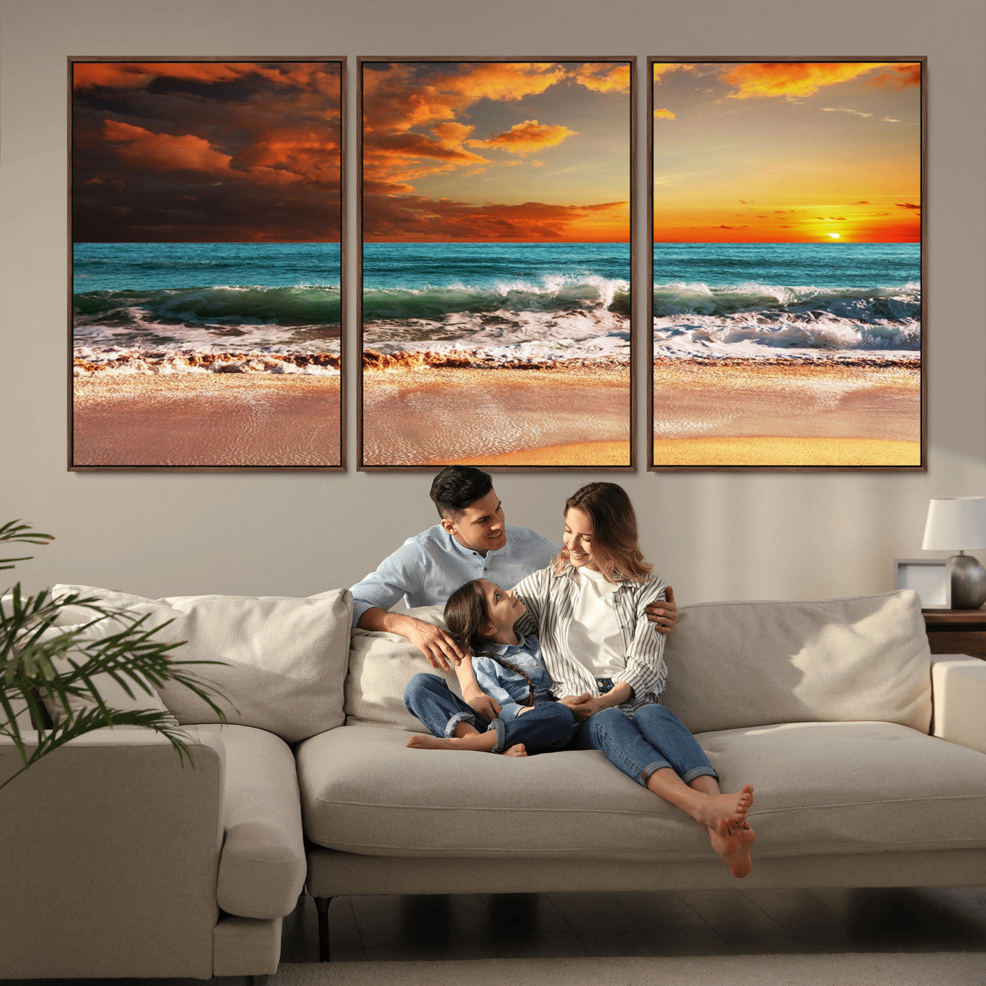 72948-MGV-FC-60X30-3P_Walnut-Ocean Sunset Wave Wall Art – Dramatic Seascape Canvas Print with Golden Sky and Crashing Waves, Coastal Beach Decor for Living