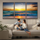 50627-MGV-FC-60X30-3P_Walnut-Ocean Sunset Wall Art – Serene Beach Canvas Print with Waves and Golden Sky, Coastal Decor for Living Room or Office