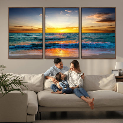 50627-MGV-FC-60X30-3P_Walnut-Ocean Sunset Wall Art – Serene Beach Canvas Print with Waves and Golden Sky, Coastal Decor for Living Room or Office