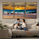 83389-MGV-FC-60X30-3P_Walnut-Ocean Sunrise Wall Art – Vibrant Beach Waves Canvas Print, Coastal Seascape Decor for Living Room or Office