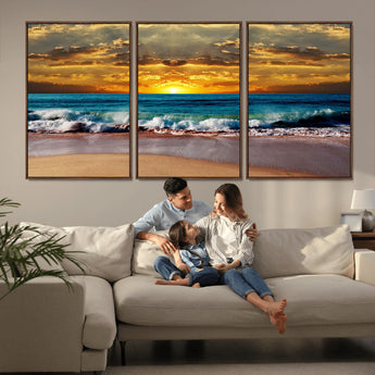 83389-MGV-FC-60X30-3P_Walnut-Ocean Sunrise Wall Art – Vibrant Beach Waves Canvas Print, Coastal Seascape Decor for Living Room or Office