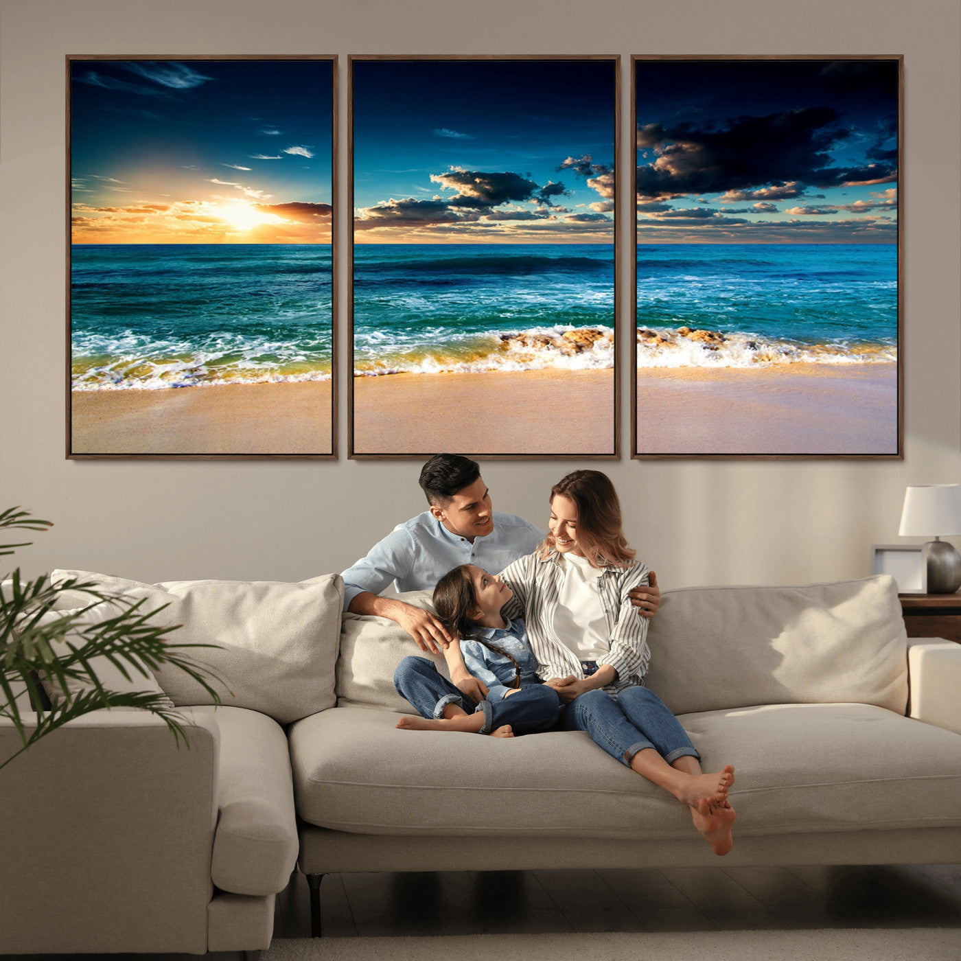 88985-MGV-FC-60X30-3P_Walnut-Ocean Sunset Wall Art – Tranquil Beach Waves Canvas Print, Coastal Seascape Decor for Living Room or Office