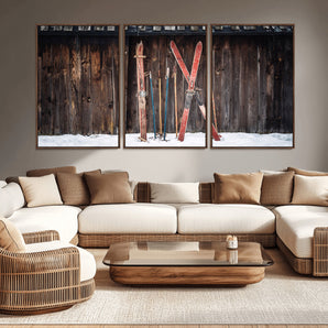 78590-MGV-CV-36X24-Vintage Ski Equipment Wall Art – Rustic Winter Sports Canvas Print, Retro Skiing Decor for Living Room, Office, or Cabin