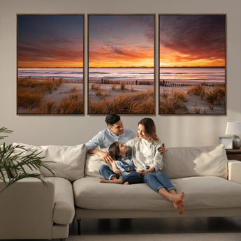 90176-MGV-FC-60X30-3P_Walnut-Beach Sunset Wall Art – Coastal Sand Dune Canvas Print with Ocean Waves and Dramatic Sky, Seaside Landscape Decor for Living Room