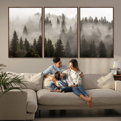 62862-MGV-FC-60X30-3P_Walnut-Misty Forest Wall Art – Tranquil Pine Tree Canvas Print with Mountain Fog, Nature Landscape Artwork for Living Room, Bedroom, or
