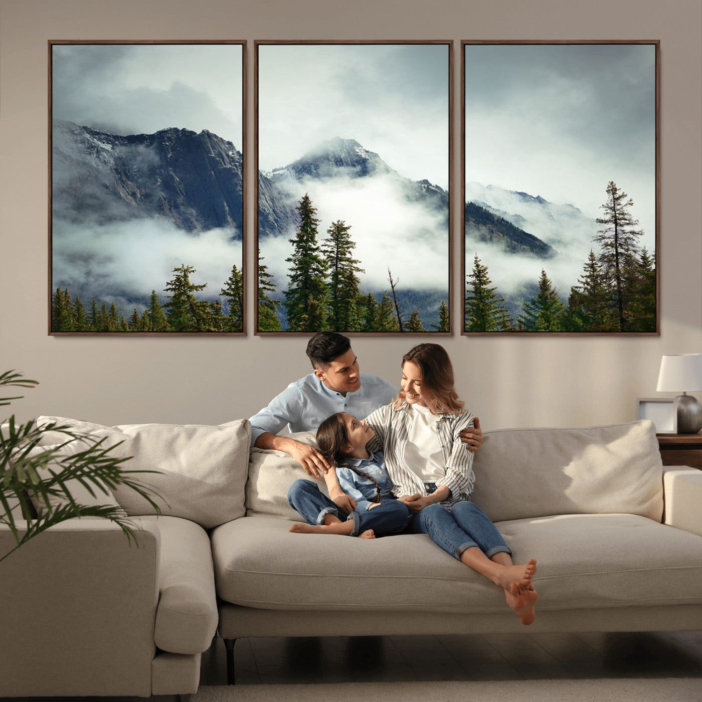 93219-MGV-FC-60X30-3P_Walnut-Misty Mountain Wall Art – Foggy Pines and Rocky Peaks Canvas Print, Nature Landscape Decor for Living Room, Office or Bedroom