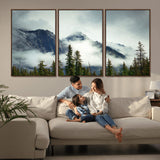 93219-MGV-FC-60X30-3P_Walnut-Misty Mountain Wall Art – Foggy Pines and Rocky Peaks Canvas Print, Nature Landscape Decor for Living Room, Office or Bedroom