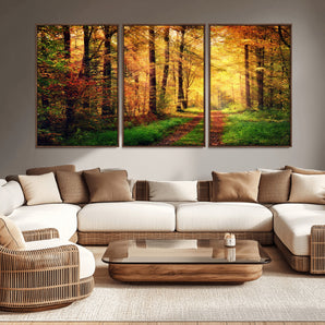 73494-MGV-CV-36X24-Golden Autumn Forest Path Wall Art – Sunlit Woodland Canvas Print, Fall Nature Landscape Home Decor