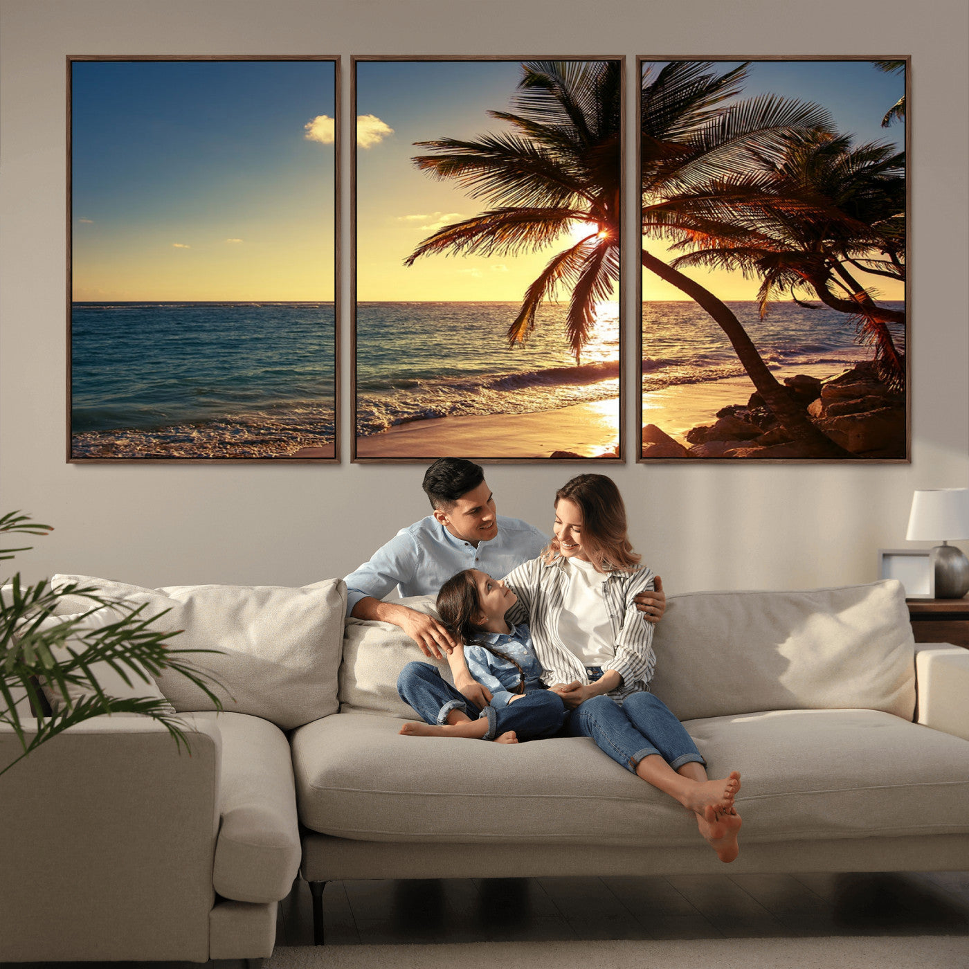 82710-MGV-FC-60X30-3P_Walnut-Palm Tree Sunset Beach Wall Art – Tropical Ocean Canvas Print, Coastal Paradise Seascape Decor for Living Room or Office Wall