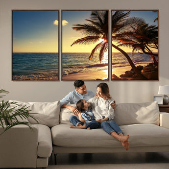 82710-MGV-FC-60X30-3P_Walnut-Palm Tree Sunset Beach Wall Art – Tropical Ocean Canvas Print, Coastal Paradise Seascape Decor for Living Room or Office Wall