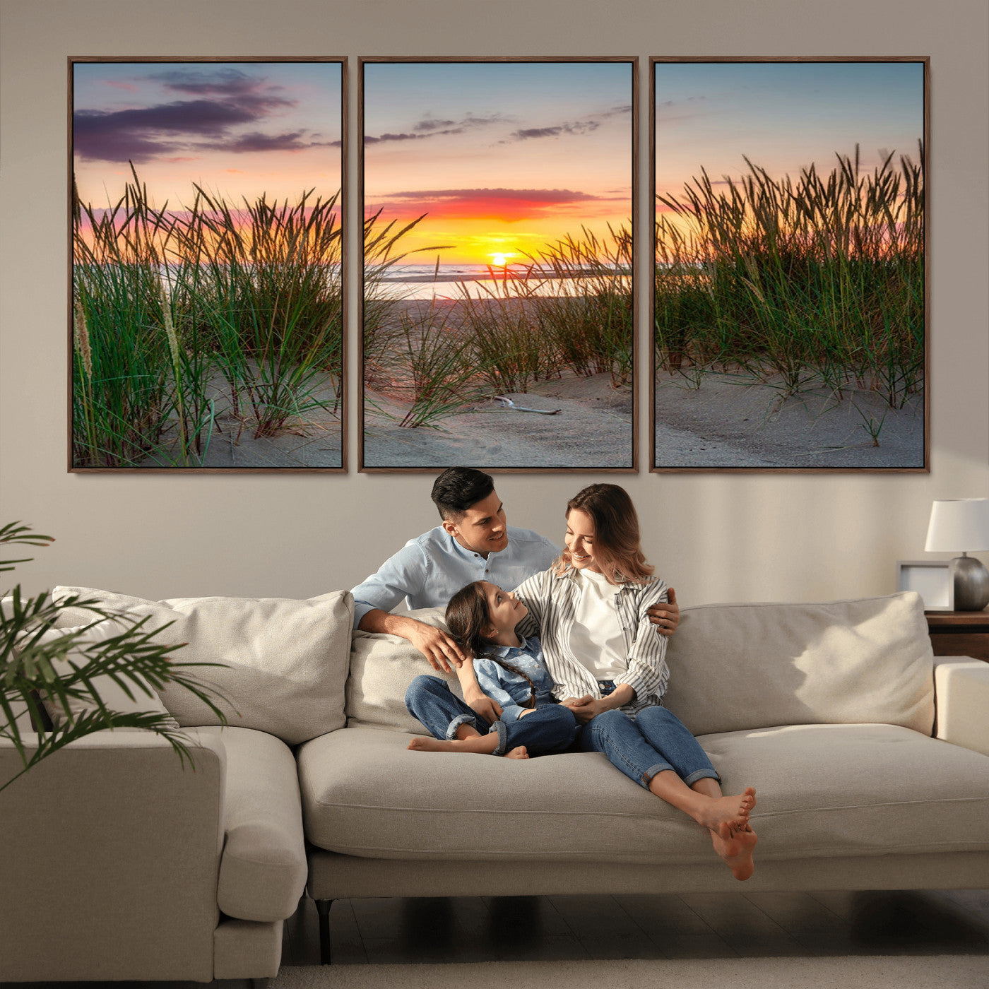 25576-MGV-FC-60X30-3P_Walnut-Beach Grass Sunset Wall Art – Coastal Sand Dune Landscape Canvas Print, Ocean View Nature Decor for Living Room or Office Wall