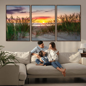 25576-MGV-FC-60X30-3P_Walnut-Beach Grass Sunset Wall Art – Coastal Sand Dune Landscape Canvas Print, Ocean View Nature Decor for Living Room or Office Wall