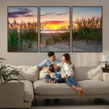 25576-MGV-FC-60X30-3P_Walnut-Beach Grass Sunset Wall Art – Coastal Sand Dune Landscape Canvas Print, Ocean View Nature Decor for Living Room or Office Wall