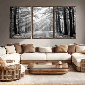 39665-MGV-CV-36X24-Black and White Forest Path Wall Art – Sunlight Rays in Trees Canvas Print, Nature Landscape Decor for Living Room or Office