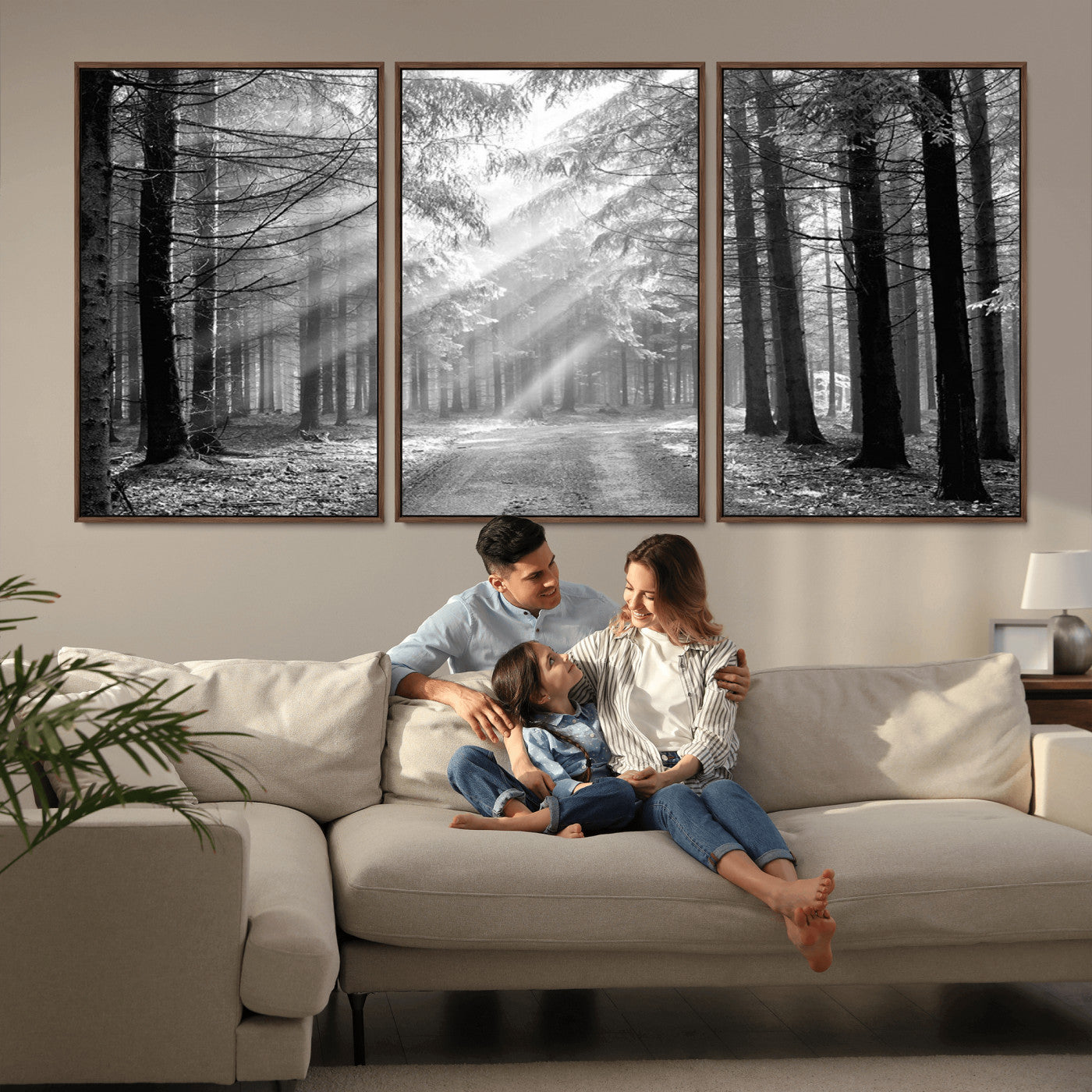 39665-MGV-FC-60X30-3P_Walnut-Black and White Forest Path Wall Art – Sunlight Rays in Trees Canvas Print, Nature Landscape Decor for Living Room