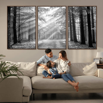 39665-MGV-FC-60X30-3P_Walnut-Black and White Forest Path Wall Art – Sunlight Rays in Trees Canvas Print, Nature Landscape Decor for Living Room