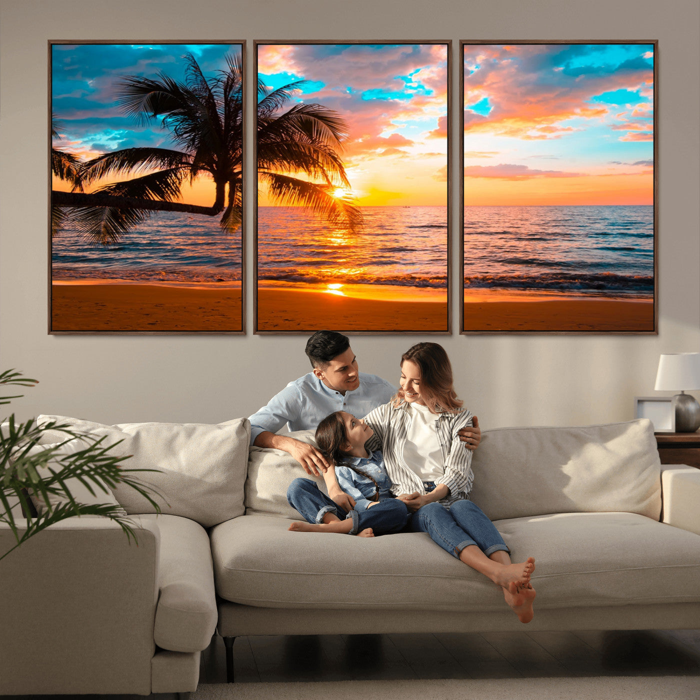 34674-MGV-FC-60X30-3P_Walnut-Tropical Sunset Beach Wall Art – Palm Tree Ocean Canvas Print, Coastal Seascape Decor for Living Room or Office Wall