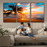 34674-MGV-FC-60X30-3P_Walnut-Tropical Sunset Beach Wall Art – Palm Tree Ocean Canvas Print, Coastal Seascape Decor for Living Room or Office Wall