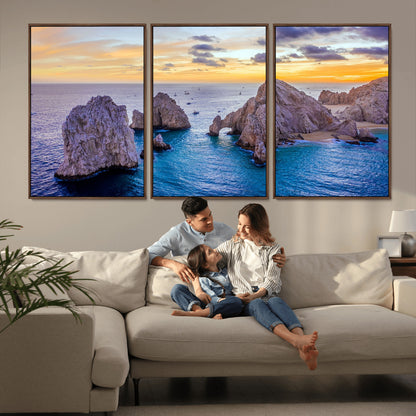 72955-MGV-FC-60X30-3P_Walnut-Ocean Rock Formation Wall Art – Sunset Coastal Seascape Print, Beach Landscape Decor for Living Room or Office