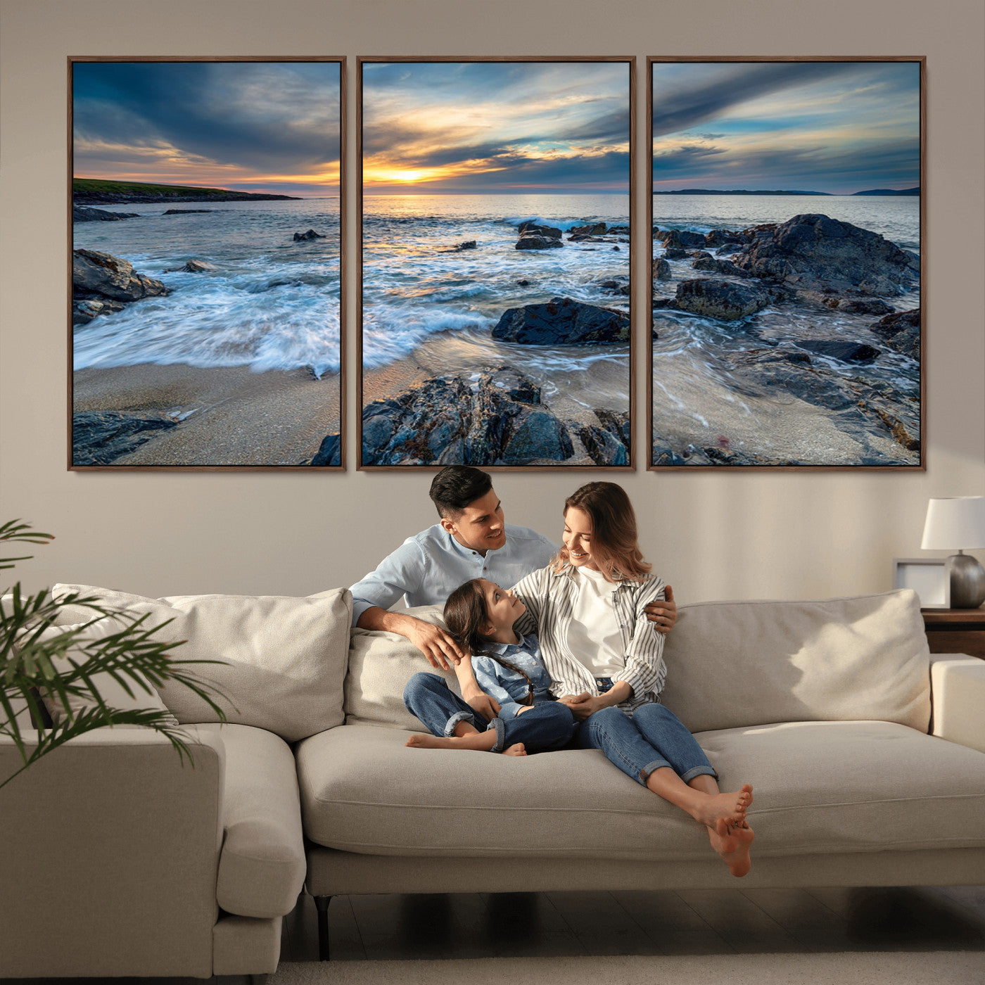 17902-MGV-FC-60X30-3P_Walnut-Rocky Shore Ocean Sunset Wall Art – Coastal Seascape Canvas Print, Nature Beach Decor for Living Room or Office