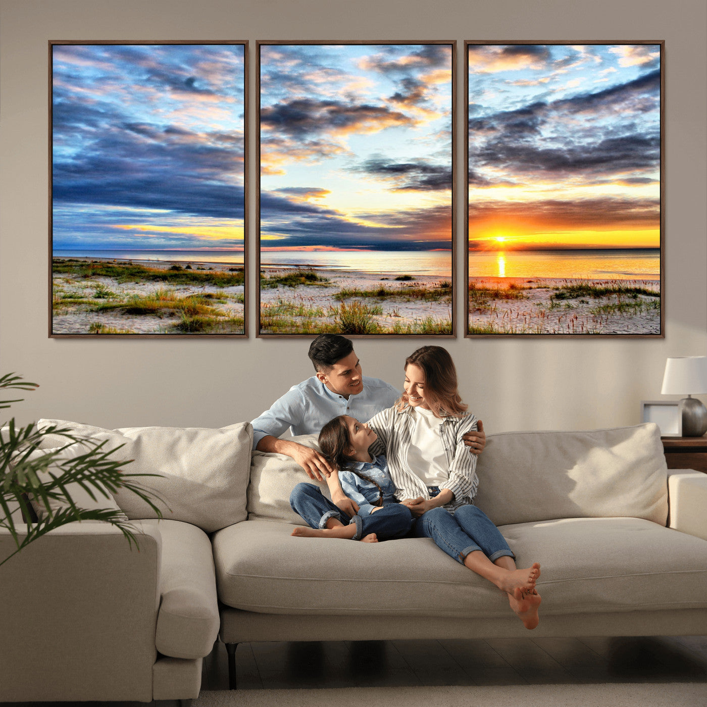 39645-MGV-FC-60X30-3P_Walnut-Golden Beach Sunset Wall Art – Serene Ocean Horizon Canvas Print, Coastal Nature Landscape Decor for Living Room, Bedroom or