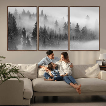 57235-MGV-FC-60X30-3P_Walnut-Misty Pine Forest Wall Art – Black and White Mountain Landscape Canvas Print, Nature Woodland Decor for Living Room, Bedroom or