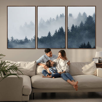 23671-MGV-FC-60X30-3P_Walnut-Misty Forest Wall Art – Serene Foggy Pine Trees Landscape Canvas Print, Tranquil Nature Decor for Living Room, Bedroom or Office