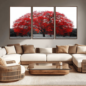 80021-MGV-CV-36X24-Red Tree Wall Art – Striking Black and White Landscape Canvas Print with Vibrant Red Leaves, Modern Nature Decor for Living Room