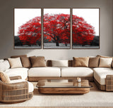 80021-MGV-CV-36X24-Red Tree Wall Art – Striking Black and White Landscape Canvas Print with Vibrant Red Leaves, Modern Nature Decor for Living Room