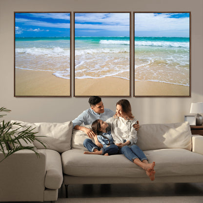 20660-MGV-FC-60X30-3P_Walnut-Ocean Wave Beach Wall Art – Serene Blue Sea and Sandy Shore Canvas Print, Coastal Landscape Photography Decor for Living Room or