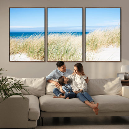96913-MGV-FC-60X30-3P_Walnut-Coastal Dunes Wall Art – Serene Beach Grass and Blue Ocean Canvas Print, Relaxing Seaside Nature Decor for Living Room, Bedroom or