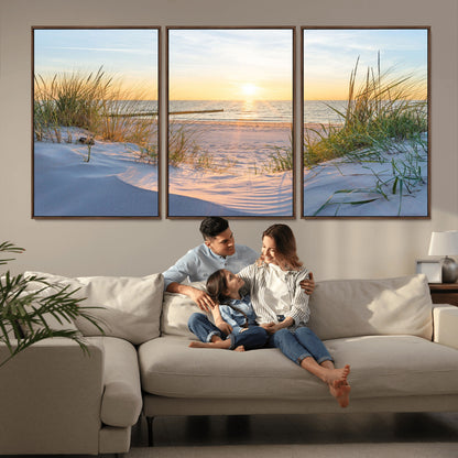 48907-MGV-FC-60X30-3P_Walnut-Beach Sunset Wall Art – Coastal Sand Dunes and Ocean View Canvas Print, Serene Seaside Landscape Painting for Living Room, Bedroom