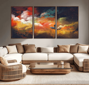 45085-MGV-CV-36X24-Surreal Cosmic Wall Art – Abstract Galaxy Dreamscape Canvas Print with Man and Dog in Boat, Fantasy Nebula Painting for Living