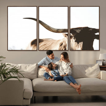 35866-MGV-FC-60X30-3P_Walnut-Texas Longhorn Wall Art – Rustic Western Bull Canvas Print, Farmhouse Animal Photography Decor for Living Room, Office, or Ranch