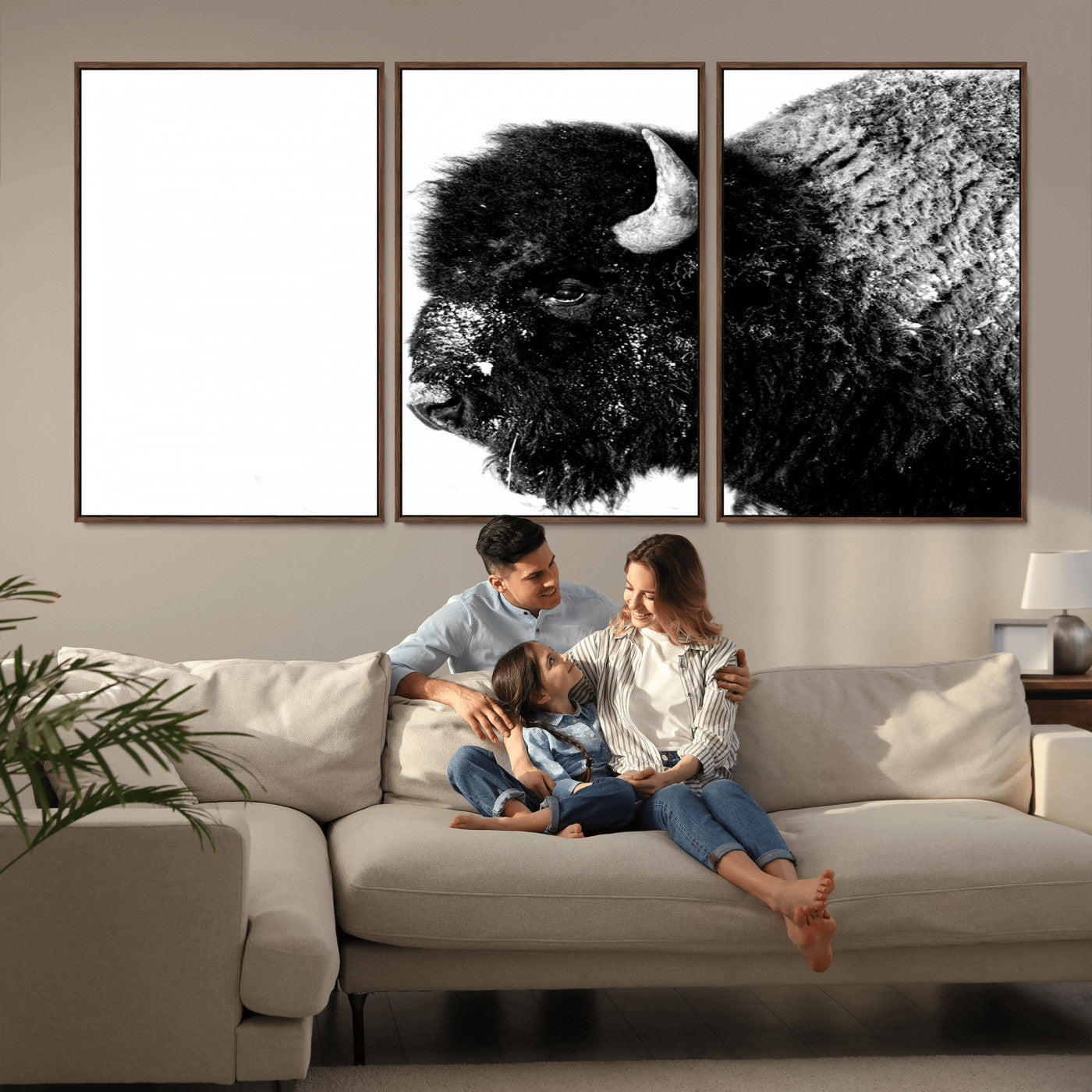 68780-MGV-FC-60X30-3P_Walnut-Bison Close-Up Wall Art – Black and White Buffalo Canvas Print, Rustic Wildlife Photography Decor for Living Room, Office, or