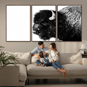 68780-MGV-FC-60X30-3P_Walnut-Bison Close-Up Wall Art – Black and White Buffalo Canvas Print, Rustic Wildlife Photography Decor for Living Room, Office, or