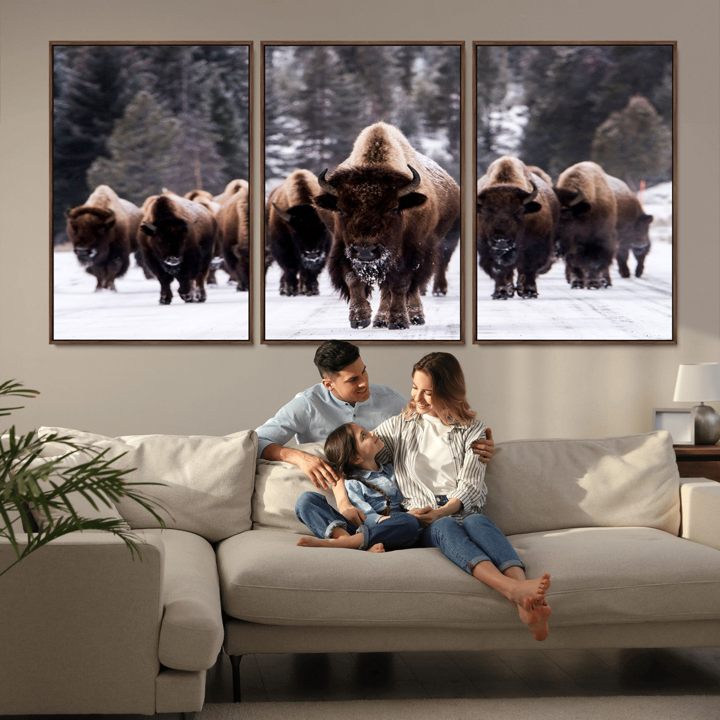 66871-MGV-FC-60X30-3P_Walnut-Bison Herd Wall Art – Wildlife Buffalo Canvas Print, Rustic Western Nature Photography Decor for Living Room, Office, Cabin, or