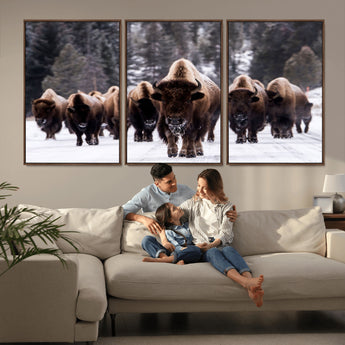 66871-MGV-FC-60X30-3P_Walnut-Bison Herd Wall Art – Wildlife Buffalo Canvas Print, Rustic Western Nature Photography Decor for Living Room, Office, Cabin, or