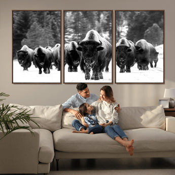 62434-MGV-FC-60X30-3P_Walnut-Bison Herd Wall Art – Majestic Black and White Buffalo Canvas Print, Wildlife Nature Photography Decor for Living Room, Office or