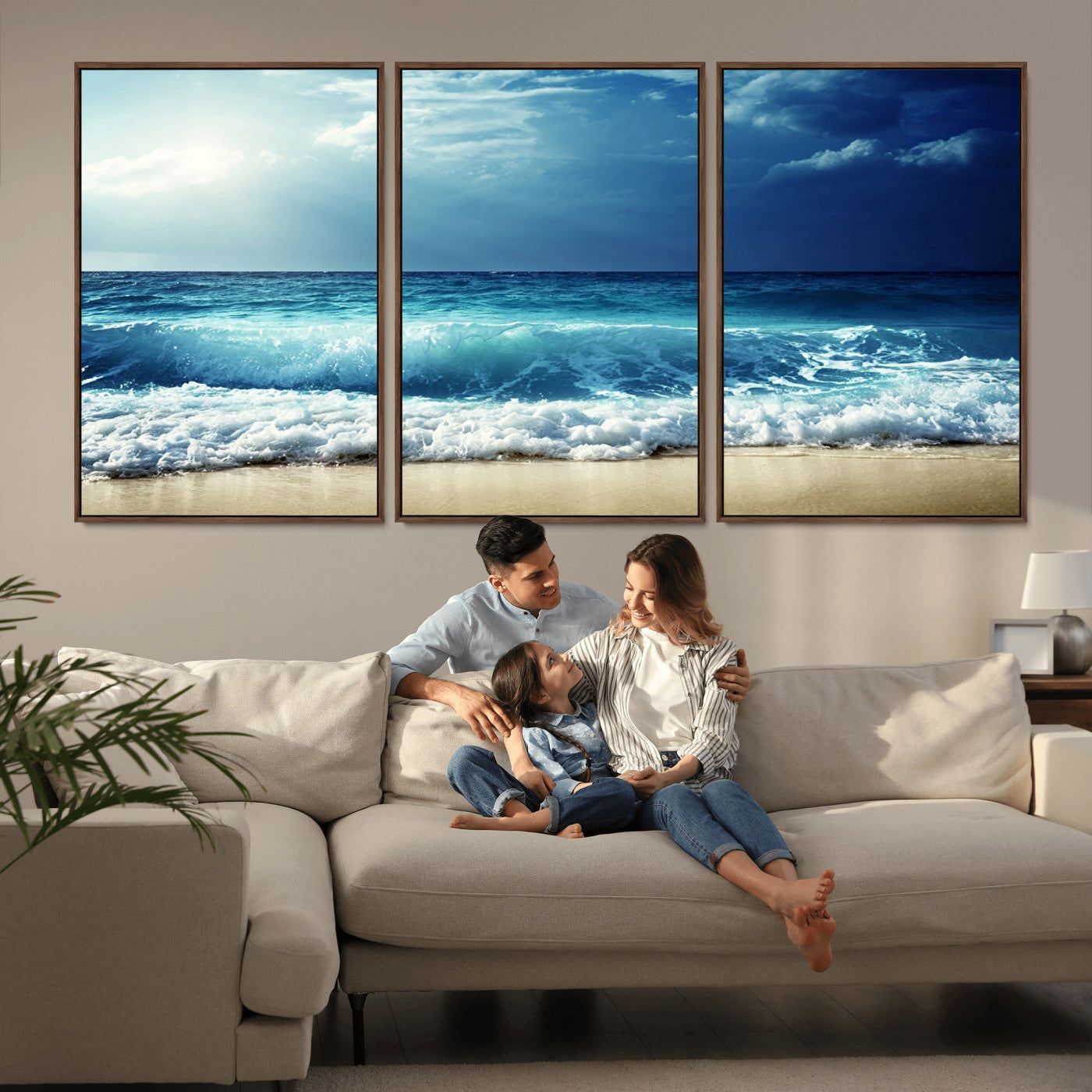 84116-MGV-FC-60X30-3P_Walnut-Ocean Wave Wall Art – Blue Sea and Beach Canvas Print, Coastal Seascape Photography Artwork for Living Room, Bedroom, or Office