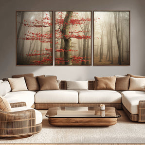 61855-MGV-CV-36X24-Misty Forest Wall Art – Red Tree with Autumn Leaves Canvas Print, Moody Woodland Nature Decor for Living Room, Bedroom, or Office