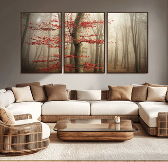 61855-MGV-CV-36X24-Misty Forest Wall Art – Red Tree with Autumn Leaves Canvas Print, Moody Woodland Nature Decor for Living Room, Bedroom, or Office