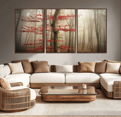 61855-MGV-CV-36X24-Misty Forest Wall Art – Red Tree with Autumn Leaves Canvas Print, Moody Woodland Nature Decor for Living Room, Bedroom, or Office