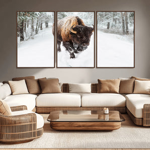 84699-MGV-CV-36X24-Bison in Winter Wall Art – Majestic Buffalo Canvas Print with Snowy Forest Landscape, Rustic Wildlife Artwork for Cabin, Living