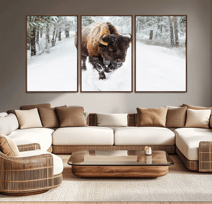 84699-MGV-CV-36X24-Bison in Winter Wall Art – Majestic Buffalo Canvas Print with Snowy Forest Landscape, Rustic Wildlife Artwork for Cabin, Living